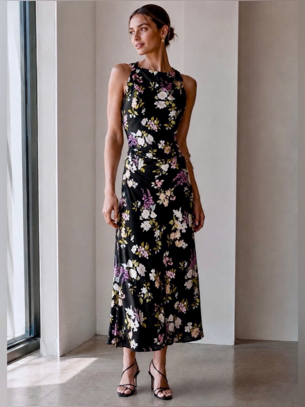 Zara Multicolor Floral Print Satin Maxi Dress – Size Large – NWOT